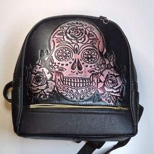 Black Leather Sugar Skull Dia De Los Muertos Mini Backpack